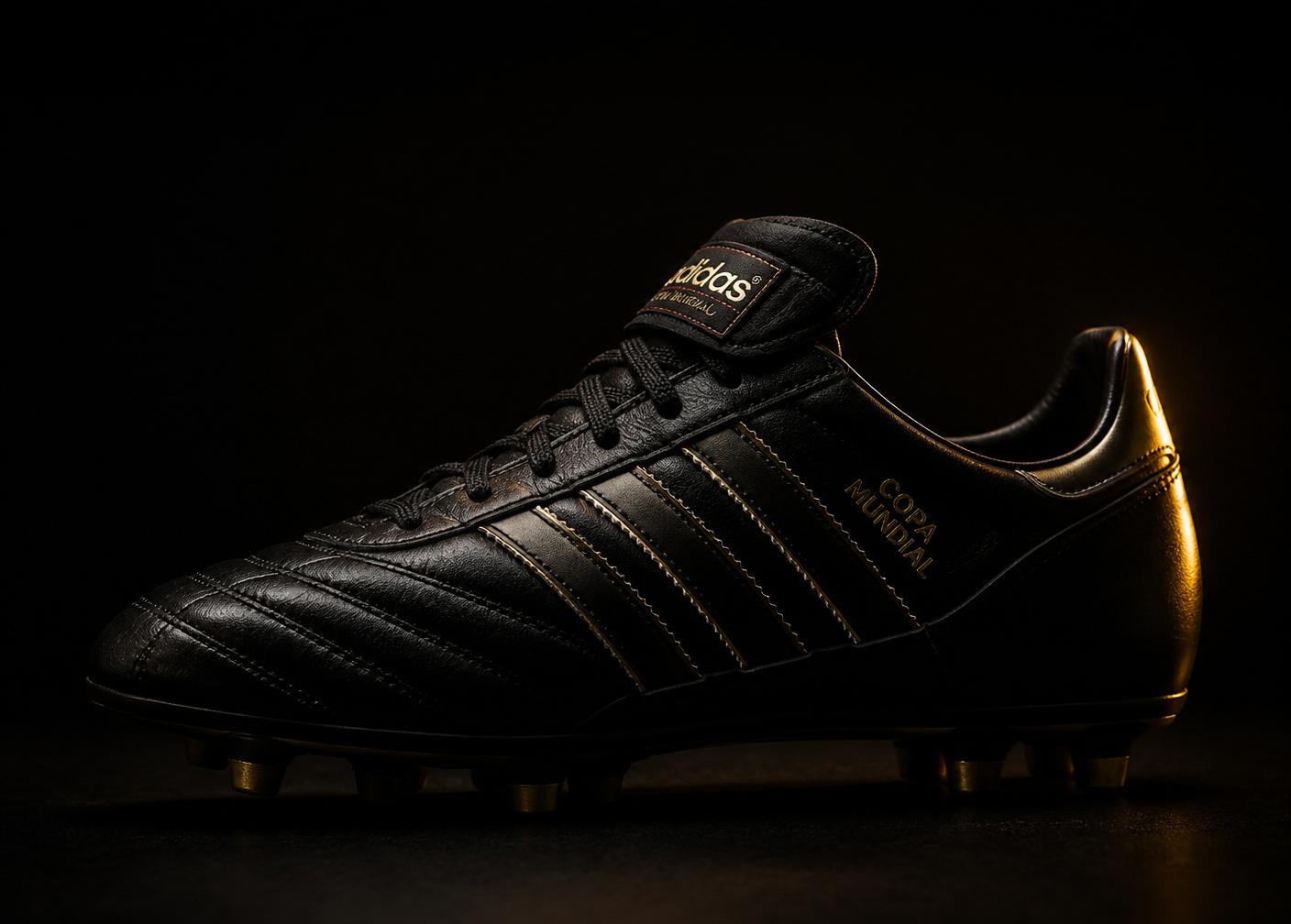 Restored black leather football boot with gold detailing under studio lighting